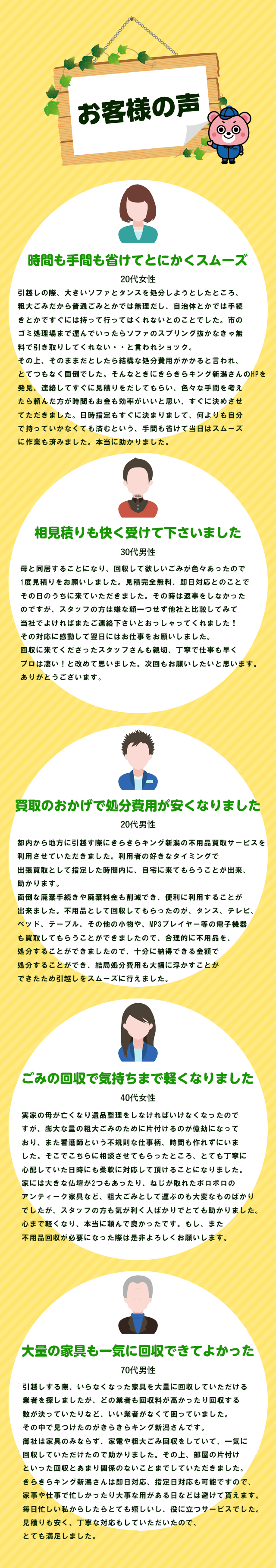 お客様の声。時間も手間も省けてとにかくスムーズ。相見積もりも快く受けてくださいました。買取のおかげで処分費用が安くなりました。ゴミの回収で気持ちまで軽くなりました。大量の家具も一気に回収できて良かった